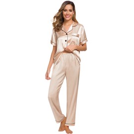 SWOMOG Women Satin Pajamas Set Short Sleeve Top & Pants Sleepwear Silky Button Down Nightwear 2pcs Loungewear Pjs Set Champagne Large