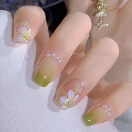 HAPVITAL 24 Pcs Popular Nail Tip, Nail Tip, Handmade Nail Tip, Japanese Style, 3D, Bride Nail, Wedding Nail Tip, Cute (Pearl Green, Universal)