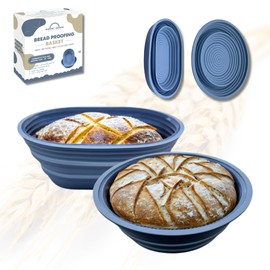 Sourdough Whisper Premium Foldable Silicone Sourdough Banneton Basket | Bread Proofing & Baking Basket Set - Includes Oval & Round Bowls (9.5 Inch) - Oven & Dishwasher Safe, Gifts for Bakers - Blue