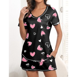 Ekouaer Women's Pajamas Sets Short Sleeve Lounge Sets Sleepwear Casual Two Piece Pjs With Pockets Heart Small