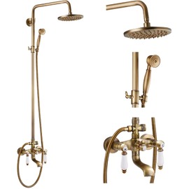 gotonovo Wall Mount Antique Brass 8’’ Round Shower Head Triple Function Exposed Pipe Shower System Mixer Shower Faucet Sets with 2 Lever Knobs Handheld Sprayer with Tub Spout