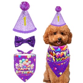 BIPY Dog 1st Birthday Hat Bandanas Set for Girls Small Medium Dogs Cats Costumes Headwear … (Purple-Hat+Bandana+Bowtie)
