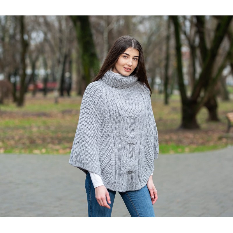 SAOL 100% Merino Wool Cable Knit Ladies Poncho Sweater (Grey)