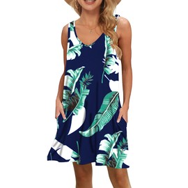 MISFAY Women's Summer Casual T Shirt Dresses Beach Cover up Tank Dress(Print Blue,L)