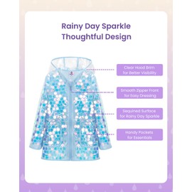 WELAKEN Girls Sequin Raincoat Waterproof Reusable Hooded Outwear Rain Jacket with Lining,blue,8Y