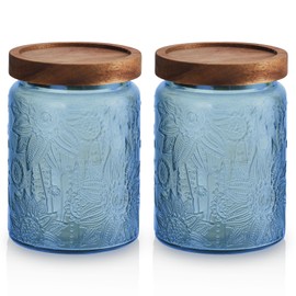 TkoYuHm 2 pack Decorative Mason Jars with Wooden Lids Colored Glass Kitchen Canister for Coffee Tea Cookie Airtight Vintage Food Storage Container with Embossed Floral Pattern (Blue Floral, Small)