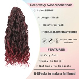 FANWYFYU 6Packs Deep Wavy Twist Crochet Braids Hair 14Inch French Curly Braiding Hair Pre-Looped Long Bohemian Crochet Hairs Water Wave Synthetic Curly Hair Extensions for Women and Girls (TBUG)