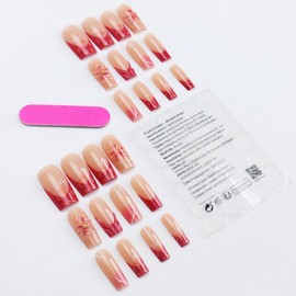 3D Flower Press on Nails Long Square Fake Nails with Water Ripple Design Stick on Nails French Tip False Nails Summer Gradient Full Cover Acrylic Glue on Nail for Women Nail Art Decoration 24Pcs