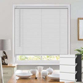 UNISHADES 100% Privacy Cordless Mini Blinds for Indoor Windows 1" Vinyl L-Shaped Blades Horizontal Blinds & Shades, Pull Down Small Window Blinds for Home Kitchen, for Window 46" W × 48" H White