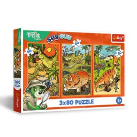 Trefl 3-in-1 Puzzle: The Treflik Family, Trefliks in the World of Dinosaurs - 3 x 80 Pieces, Three Puzzle Set for Children from 5 Years