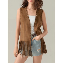 Yoisdtxc Women's Fringe Vest Cowgirls Sleeveless Tassel Jacket Western Faux Suede 70s Hippie Cardigan (C-Light Brown, M)