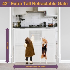 42" Tall X 60" Wide Retractable Dog Gate Extra Tall Baby Gates for Doorways Tall Pet Gate for Cats Adjustable Baby Gates for Dogs Indoor Outdoor Extra Tall Mesh Gates for Kids or Pets (White)