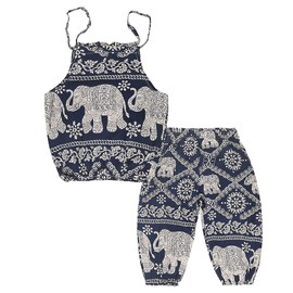 Rysly Baby Girls Boho Elephant Tops Harem Pants 2 Piece Outfits Dark Blue 130