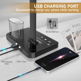 LED Desk Lamp Dimmable Table Lamp with USB Charging Port, 50 Lighting Modes, Adjustable Foldable Dual Swing Arm Architect Desk Lamp for Home Office, Eye-Caring Reading Lamp w/ Pen Holder 45min Timer