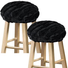 Sunlit Bar Stool Covers - Set of 2 Round Bar Stool Seat Covers, Soft Striped Faux Fur, Cushioned Bar Chair Covers, Easy to Install and Wash, Cover Only, 14 Inch Diameter, Black