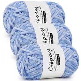 Coopay Chenille Wool for Crochet, 3 x 100 g, Velvet Chenille Yarn, Thick Fluffy Soft Chenille Yarn, Chenille Wool, Soft Plush Wool Crochet Yarn for Blankets, Scarves - Sky Blue