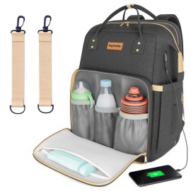 SAYONEYES Baby Diaper Bag Backpack USB  Changing Pad Stroller Straps Large Waterproof - Black
