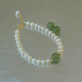 Pearl Bracelet for Women Dainty Freshwater Pearl Bracelet with Coin Charm for Teen Girls Gold Pearl Beaded Bracelet Bride Bridesmaid Jewelry Gift (Green)