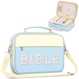 FINPAC Large Bible Cover w/Shoulder Strap, Carrying Book Case Church Bag Bible Protective w/Pen Slots and Zippered Pocket, Gift for Women Lady, Letter Blue