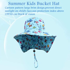 PESAAT Summer Toddler Girl Neck Protection Hat Wide Brim Kids Boys Bucket Hats UPF50+ Mesh Beach Cap 3-8 Years (Blue Ocean World（Neck Flap）)