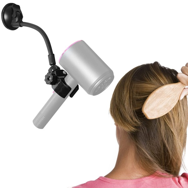 Adjustable Hair Dryer Holder Stand, 360 Degree Rotation Blow Dryer Bracket with Positionable Arm and Suction Cup, Hands Free Hair Dryer Holder for Mirror and Ceramic Tile