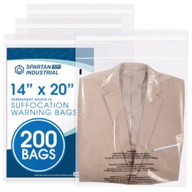 Spartan Industrial - 14” X 20” (200 Count) Self Seal Clear Poly Bags with Suffocation Warning for Packaging, Clothes - Permanent Adhesive