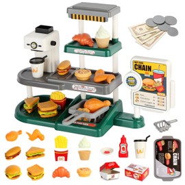 71pcs Pretend Play Fast Food Toys - Cash Registerfor kids,Perfect Mini Toy Food Set for Kids Kitchen,Play Food for Kids Ages 3 4 5 6 7 8 Boys and Girls (Green)