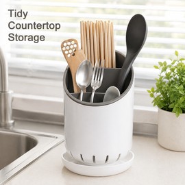 Chopstick Holder with Drain Plate for Kitchen - Divided Utensil Organizer for Spoons, Forks & Countertop Storage