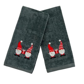 Christmas Gnomes Towel Set: Grey Hand Towels with Red White Embroidery Jolly Nordic Gnome