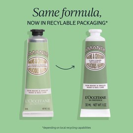 L'Occitane Almond Hand Cream, 1.0 fl oz (30 ml), Dry, Moisturizing, Popular for Women, Men and Men