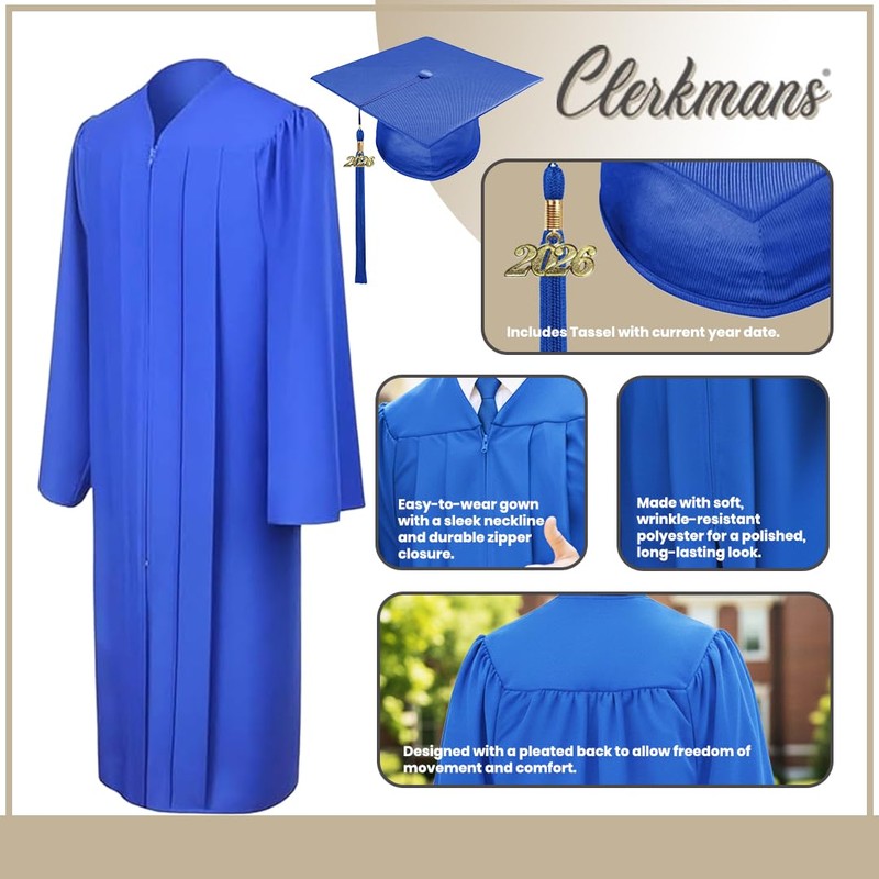 CLERKMANS Royal Blue Cap & Gown & Tassel Package -