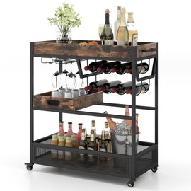 Giantex Rolling Bar Cart, 3-Tier Industrial Buffet Serving Cart with Wine Rack, Stemware Rack & Removable Tray, Kitchen Storage Trolley with Lockable Casters for Home Bar, Rustic Brown