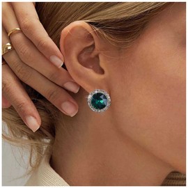 Aneneiceera Vintage Emerald Circle Earrings Gold Emerald Stud Earrings Round Emerald Earrings Geometric Green Crystal Earrings Jewelry for Women and Girls (Green)