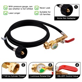 Propane Refill Adapter for 1 lb. Tanks,3 FT Propane Tank Refill Adapter Rubber Hose with Gauge and ON-Off Control Valve, Fits QCC1 / Type 1 Propane Tank,Propane Tank Filler 20 lb to 1 lb