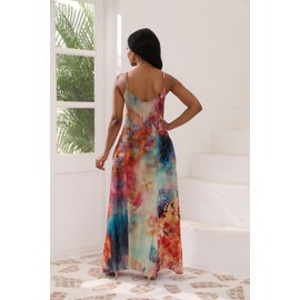 vunahzma Women's Maxi Dresses Sexy Long Floor Length V-Neck Adjustable Spaghetti Strap Sleeveless Oil Painting Style Print Sundresses Plus Size（Floral-106 L