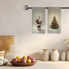 FOPENEM Christmas Hand Towels 2 Pack 16x24 Inches – Elegant Holiday Kitchen Towels with Snowy Christmas Tree and Santa Claus – Decorative Festive Dish Towels for Kitchen & Bathroom