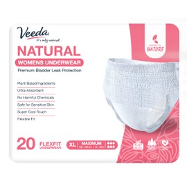 Veeda Natural Adult Incontinence Underwear for Women - Postpartum Underwear for Bladder Leakage Protection - Disposable Underwear with Maximum Absorbency - X-Large Size - 20 Count