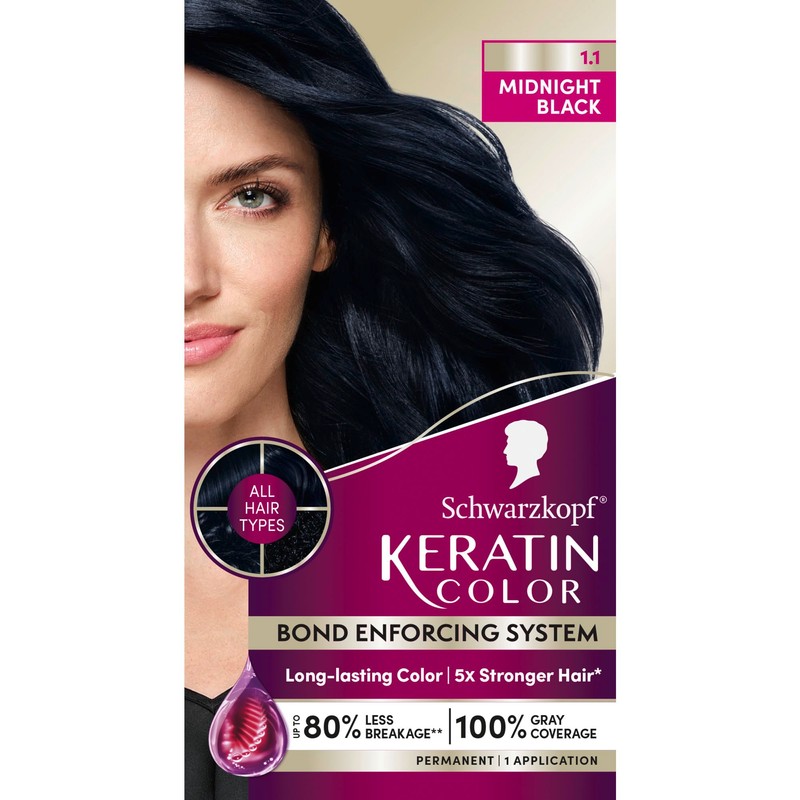Schwarzkopf Keratin Permanent Hair Dye Cream, 1.1 Midnight Black, Professional