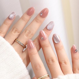 24Pcs Glitter Press on Nails Short Silver Cat Eye Glitter with Rhinestones Design,Sparkly Pink Acrylic Fake Nails Oval False Nails with Glue Reusable Stick on Nails Artificial Fingernails for Women
