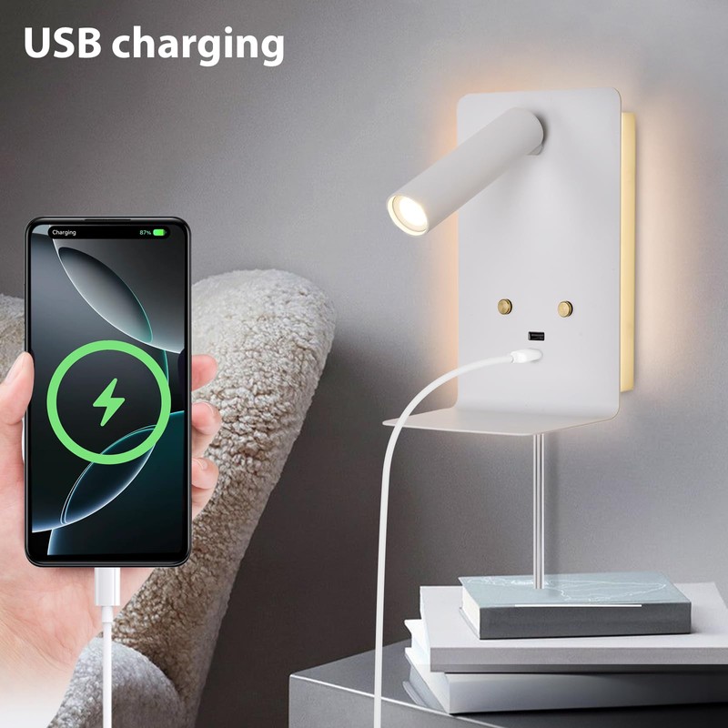 ZEROUNO LED Wall Lamp with USB-C/A Ports & Adjustable Headboard