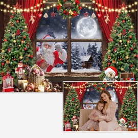 Christmas Backdrop Santa Claus Xmas Photo Background Winter Snow Window Moon Christmas Tree Photography Background New Year Party Decorations Banner 10x8ft