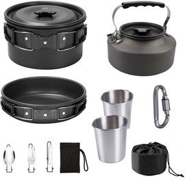 BIUMALL Camping Cookware Set Lightweight Portable Pot Pan Kettle Cups Spoon Fork Cutter with Carry Bag for Camping, Backpacking, Outdoor Cooking and Picnic