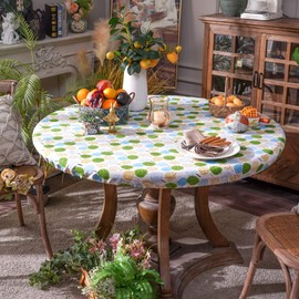 ARTABLE Round Table Cover Elastic Edges Fitted Tables Waterproof Vintage Flowers for Outdoor Camping Trip Patio Table (Green Leaf, 60''RD (48''-55''Table))