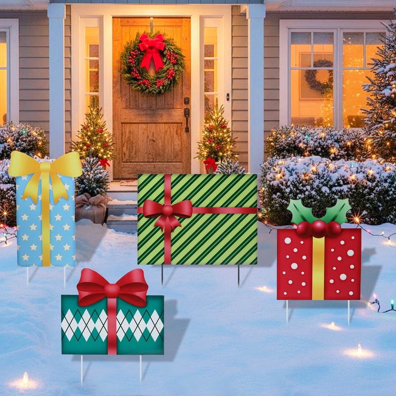 Christmas Outdoor Decor Stake,41.5" Metal Xmas Box Yard Sign,4 Pack