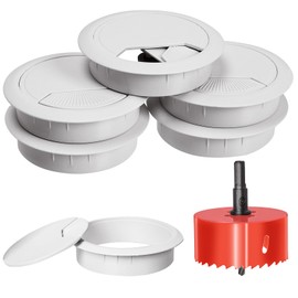 Swpeet 6Pcs White Desk Cable Wire Grommet Cord with Hole Saw, Tidy Cable Hole Cover Organizers, Desk Wire Cord Cable Grommets Hole Cover, 1Pcs 2.36Inch_60mm Tools Hole Saw with Arbor for Office Desk