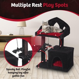 Gothic Cat Tree - 28in Black Cat Tree with Regal Throne Bed, Spacious Cat condo, Spooky Hanging Bat and Durable Sisal Scratching Post - Goth Cat Tree for Majestic Rest