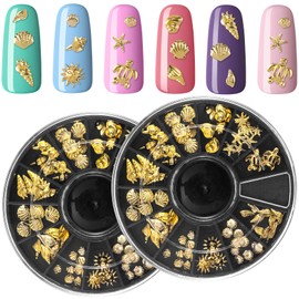 Mxxipp 2 Disc Gold Ocean Theme Nail Charms, 3D Summer Beach Starfish Seashell Nail Accessories, Non-Faded Alloy Nail Art Gems Rhinestones Decorations for Manicure Design Embellishments