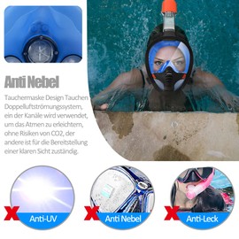 Tyuodna Snorkel Mask Adults and Children, Diving Mask, Full Face Mask, CO2 Safe, 180 Degree Vision, Diving Mask, Full Mask, Anti-Fog Snorkeling Mask with Camera Position (Black Blue, S/M)