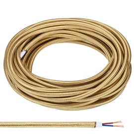 PATIKIL Fabric Cloth Covered Round Wire, 32.8ft 18AWG 2 Core Vintage Woven Electrical Cord for Pendant Light DIY Project, Light Golden