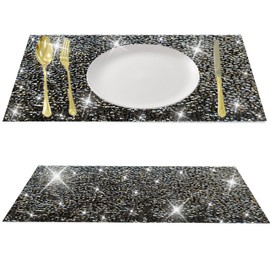Black Square Placemats - Heat Resistant Mat Set of 2 with Rhinestone Decor and Sparkly Bling